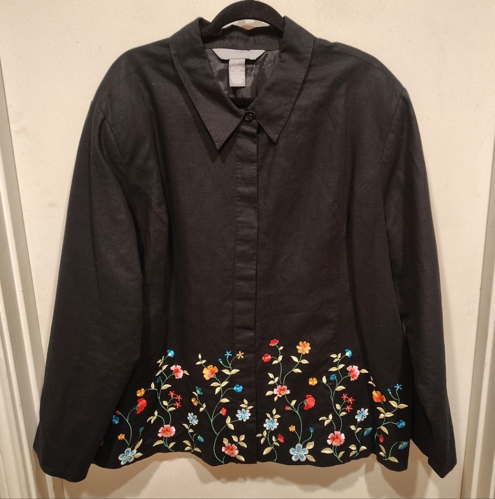 Jessica Holbrook Embroidered Hem Black Linen Blend Jacket Sz 2X Travel Career